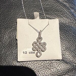 10k white gold Celtic knot 1/2 cttw natural diamond pendant & 10k WG necklace.